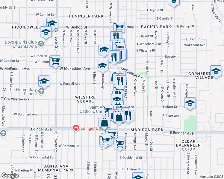 map of restaurants, bars, coffee shops, grocery stores, and more near 1217 South Sycamore Street in Santa Ana
