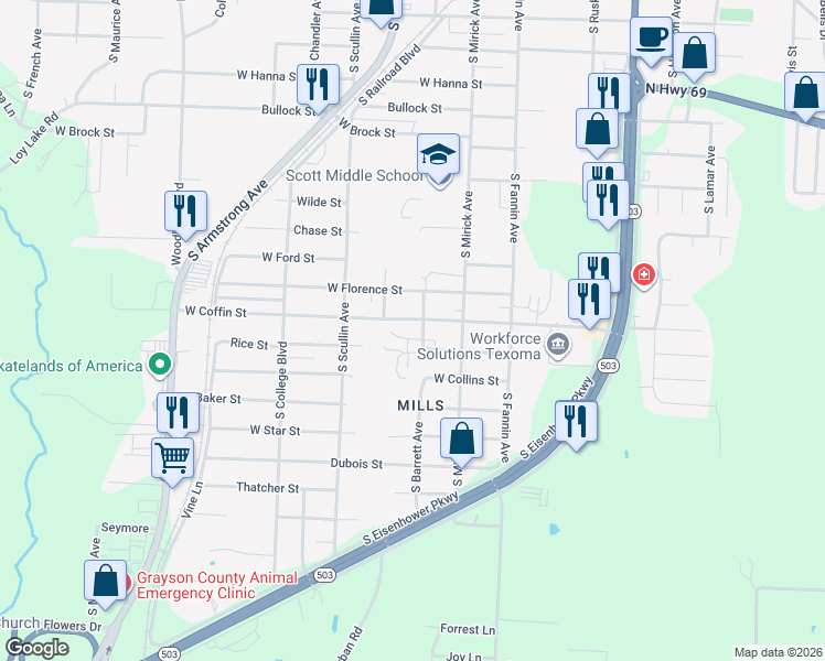 map of restaurants, bars, coffee shops, grocery stores, and more near 700 West Coffin Street in Denison