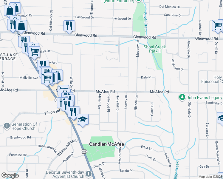 map of restaurants, bars, coffee shops, grocery stores, and more near 2818 McAfee Road in Decatur