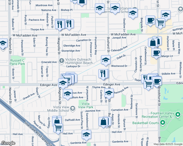 map of restaurants, bars, coffee shops, grocery stores, and more near in Westminster