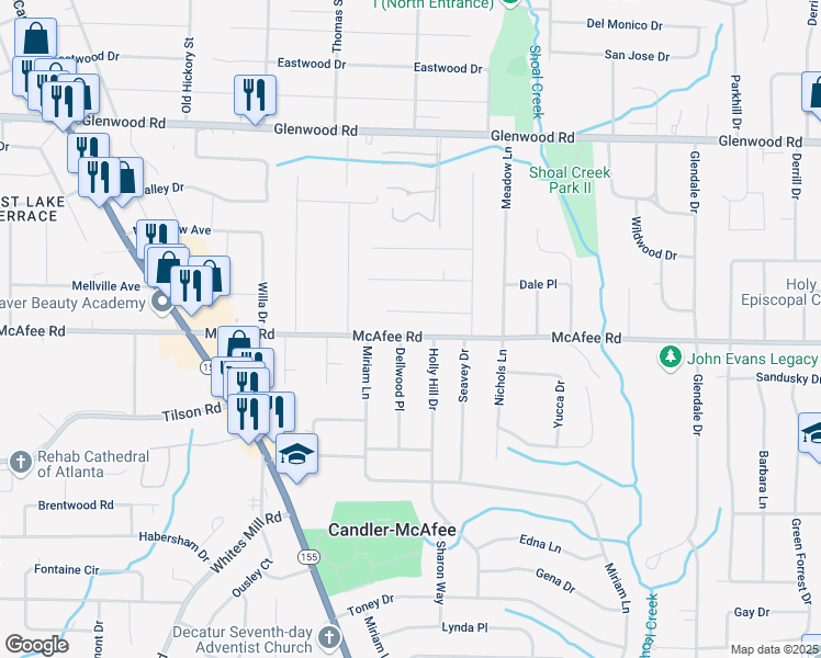 map of restaurants, bars, coffee shops, grocery stores, and more near 2818 McAfee Road in Decatur