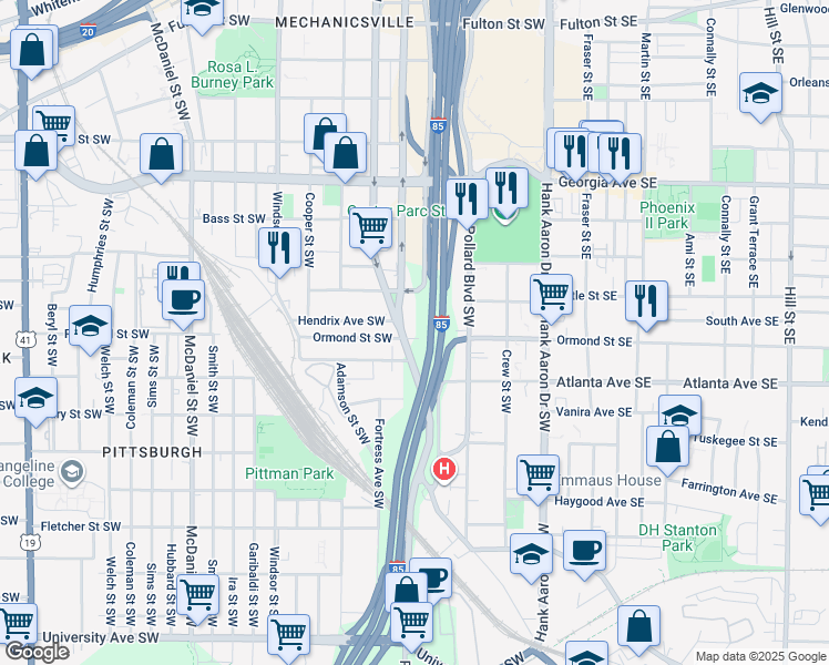 map of restaurants, bars, coffee shops, grocery stores, and more near 151 Ormond Street Southwest in Atlanta