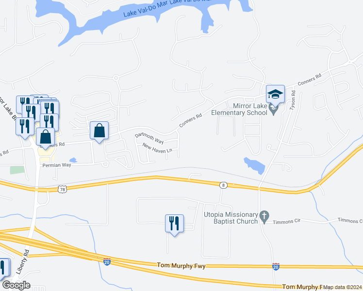 map of restaurants, bars, coffee shops, grocery stores, and more near 1112 Carrington Parkway in Villa Rica