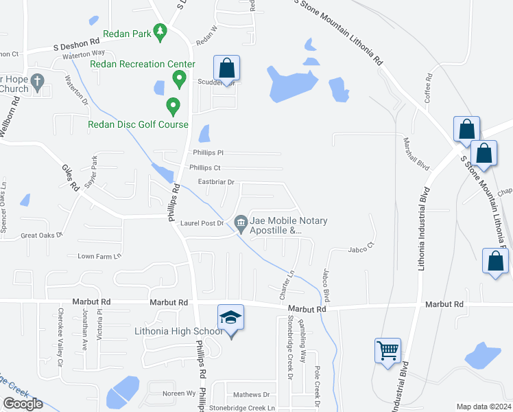 map of restaurants, bars, coffee shops, grocery stores, and more near 6416 Phillips Creek Drive in Lithonia