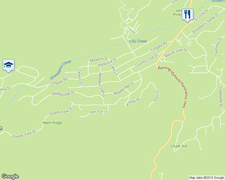 map of restaurants, bars, coffee shops, grocery stores, and more near 53380 Middleridge Drive in Idyllwild-Pine Cove
