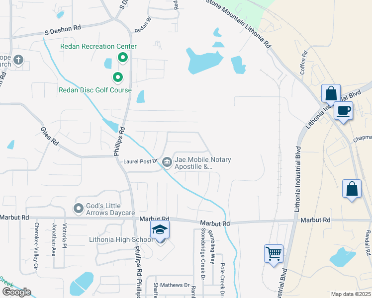 map of restaurants, bars, coffee shops, grocery stores, and more near 6432 Phillips Creek Drive in Lithonia
