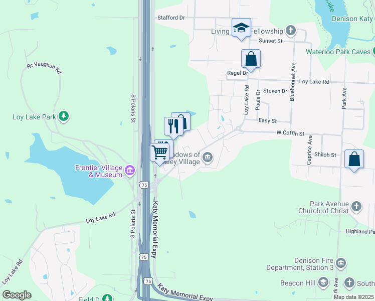 map of restaurants, bars, coffee shops, grocery stores, and more near 3023 Loy Lake Road in Denison
