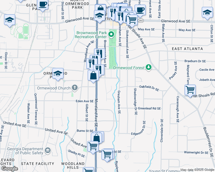 map of restaurants, bars, coffee shops, grocery stores, and more near 844 Brownwood Avenue Southeast in Atlanta