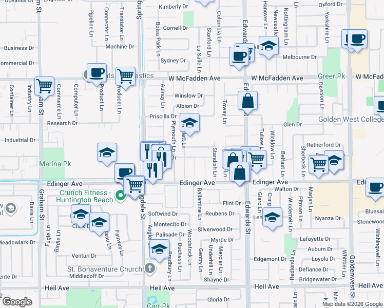 map of restaurants, bars, coffee shops, grocery stores, and more near 6221 Royalist Drive in Huntington Beach