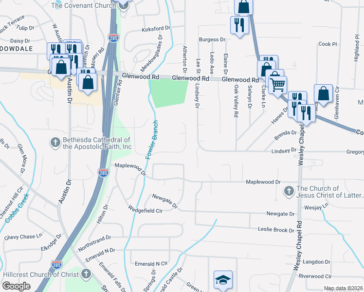 map of restaurants, bars, coffee shops, grocery stores, and more near 2092 Glenwood Downs Drive in Decatur
