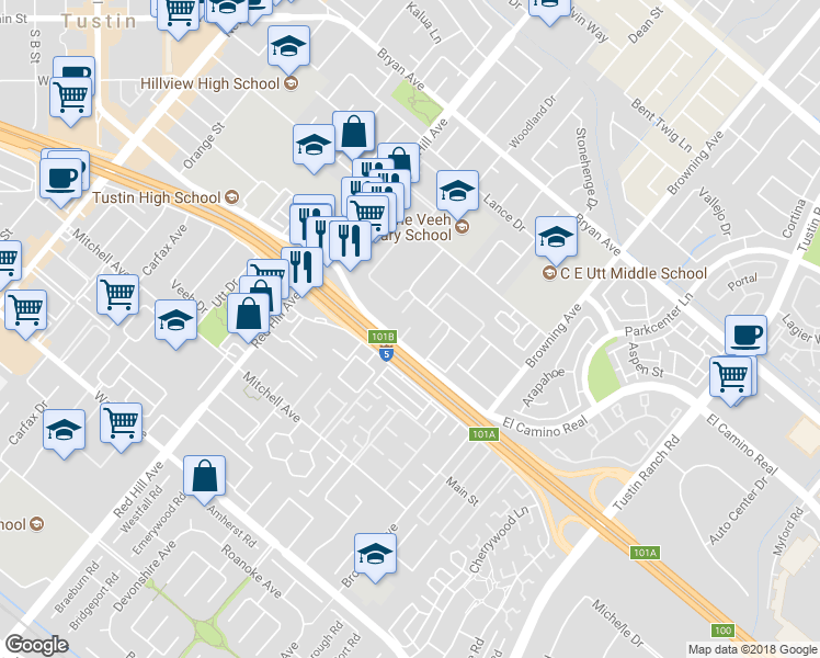 map of restaurants, bars, coffee shops, grocery stores, and more near 1730 El Camino Real in Tustin