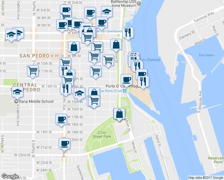 map of restaurants, bars, coffee shops, grocery stores, and more near 1316 South Palos Verdes Street in Los Angeles