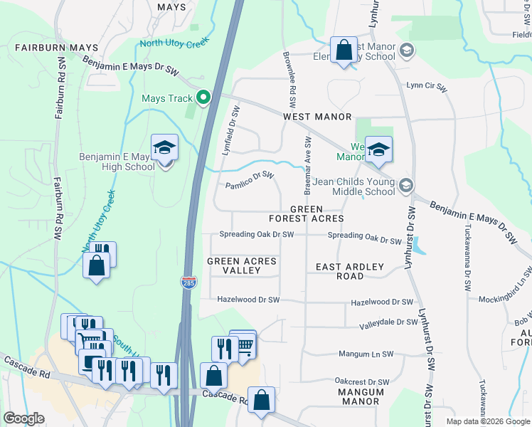 map of restaurants, bars, coffee shops, grocery stores, and more near 3348 Lynfield Drive Southwest in Atlanta