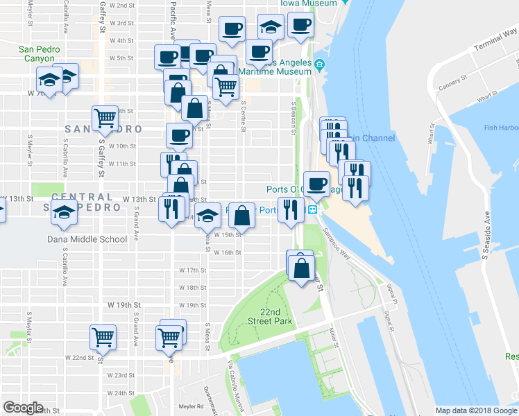 map of restaurants, bars, coffee shops, grocery stores, and more near 257 West 13th Street in Los Angeles