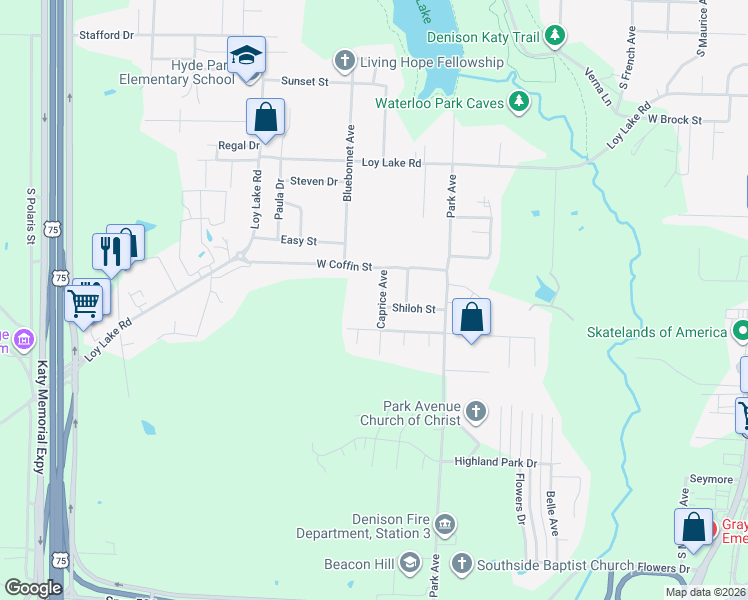 map of restaurants, bars, coffee shops, grocery stores, and more near 2411 Caprice Avenue in Denison