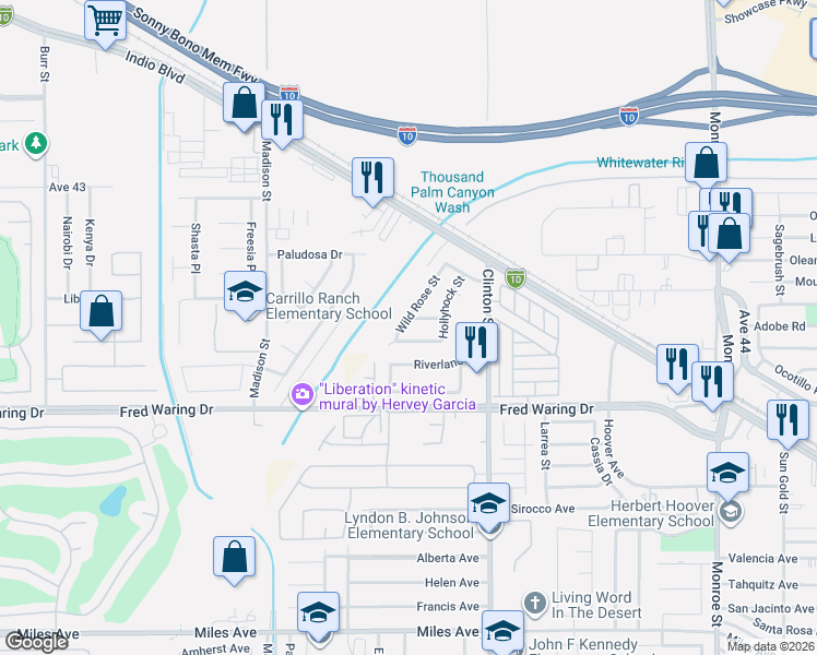 map of restaurants, bars, coffee shops, grocery stores, and more near 43580 Wild Rose Street in Indio