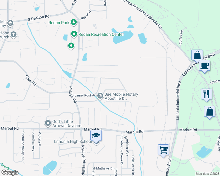 map of restaurants, bars, coffee shops, grocery stores, and more near 6428 Phillips Creek Drive in Lithonia