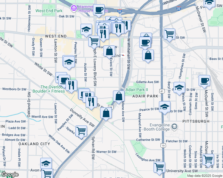 map of restaurants, bars, coffee shops, grocery stores, and more near 842 White Street Southwest in Atlanta