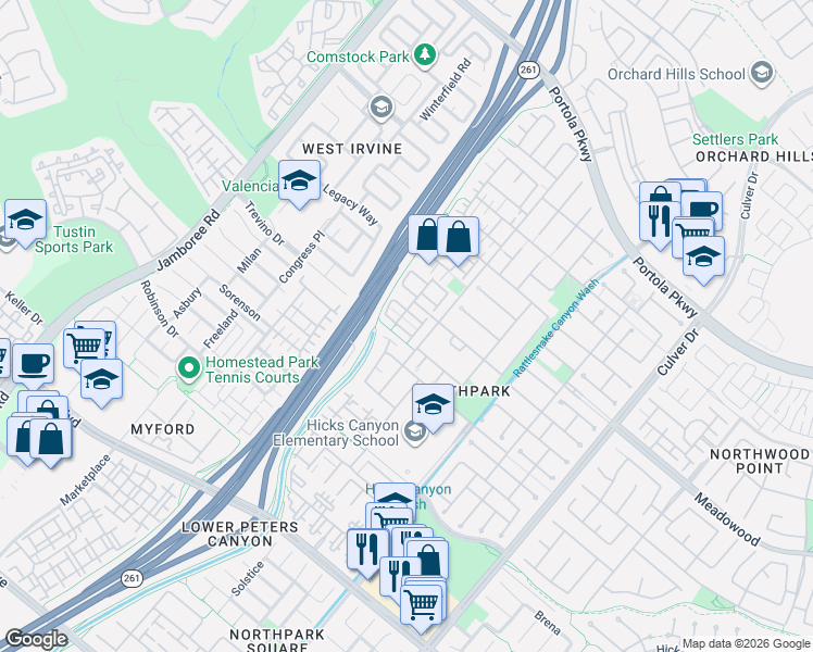 map of restaurants, bars, coffee shops, grocery stores, and more near 9 Mineral King in Irvine