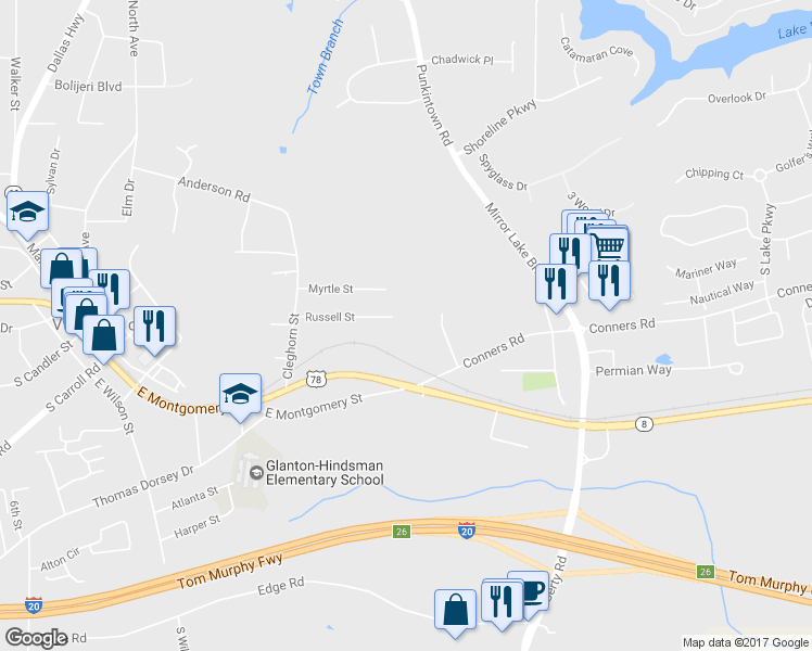 map of restaurants, bars, coffee shops, grocery stores, and more near 573 Russell Street in Villa Rica