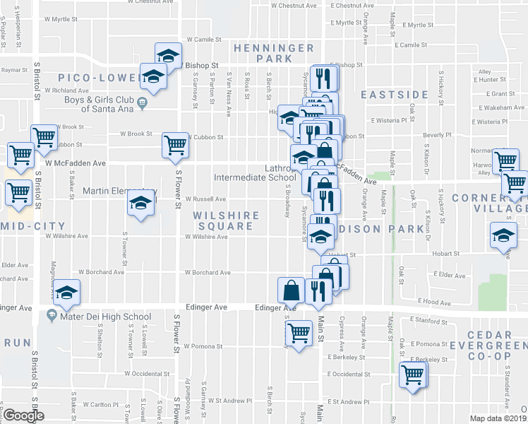 map of restaurants, bars, coffee shops, grocery stores, and more near 1218 South Birch Street in Santa Ana