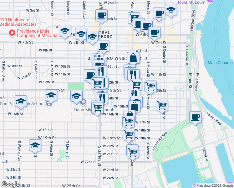map of restaurants, bars, coffee shops, grocery stores, and more near 1320 South Grand Avenue in Los Angeles