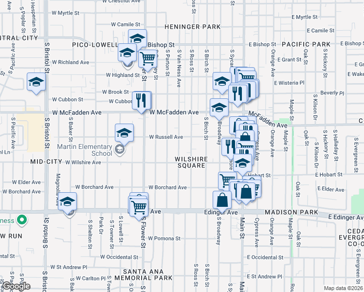 map of restaurants, bars, coffee shops, grocery stores, and more near 1217 South Van Ness Avenue in Santa Ana
