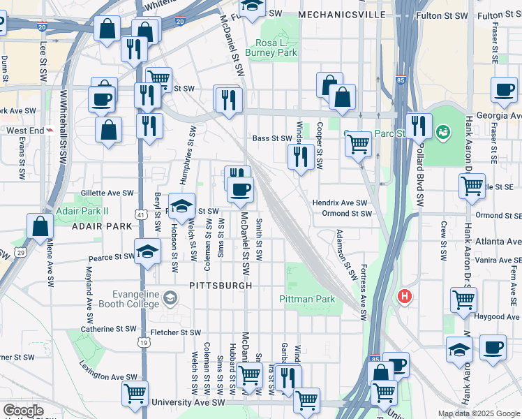 map of restaurants, bars, coffee shops, grocery stores, and more near 842 Smith Street Southwest in Atlanta