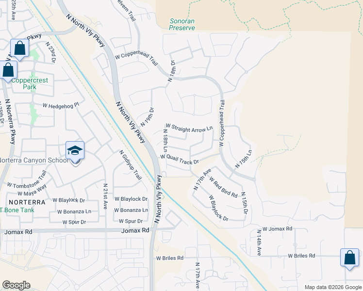 map of restaurants, bars, coffee shops, grocery stores, and more near 1812 West Desperado Way in Phoenix