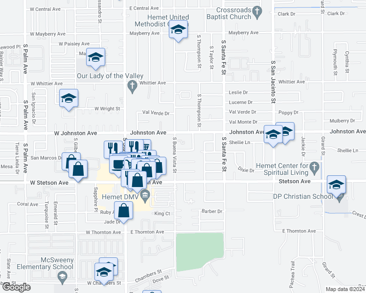 map of restaurants, bars, coffee shops, grocery stores, and more near 506 Montecito Avenue in Hemet