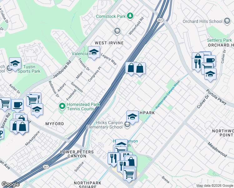 map of restaurants, bars, coffee shops, grocery stores, and more near 16 Mineral King in Irvine