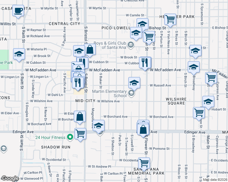 map of restaurants, bars, coffee shops, grocery stores, and more near 1219 South Shelton Street in Santa Ana