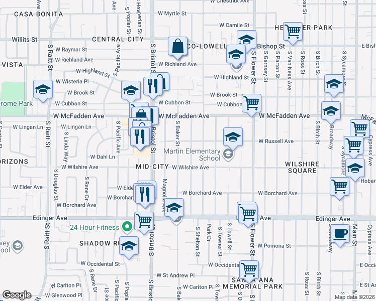 map of restaurants, bars, coffee shops, grocery stores, and more near 1218 South Rosewood Avenue in Santa Ana