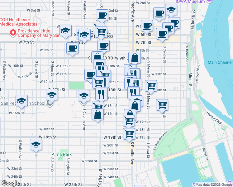 map of restaurants, bars, coffee shops, grocery stores, and more near 1320 South Grand Avenue in Los Angeles