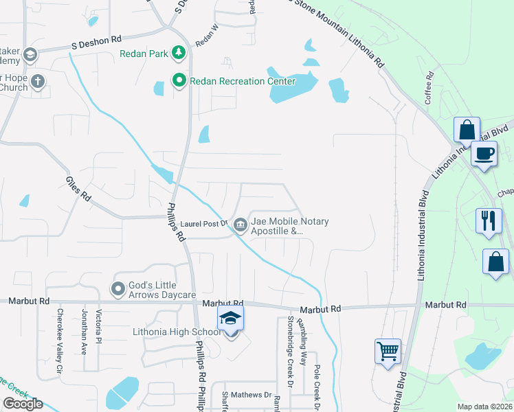 map of restaurants, bars, coffee shops, grocery stores, and more near 6428 Phillips Creek Drive in Lithonia