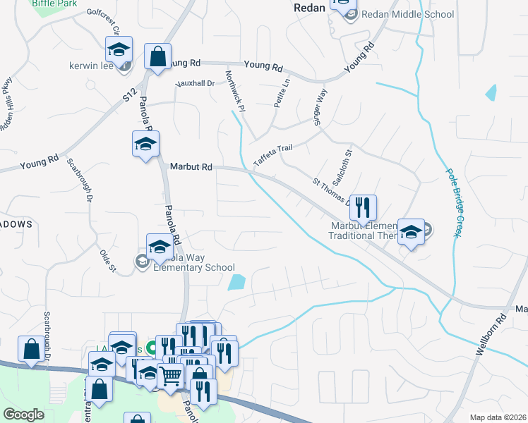 map of restaurants, bars, coffee shops, grocery stores, and more near 2046 Marbut Forest Drive in Lithonia