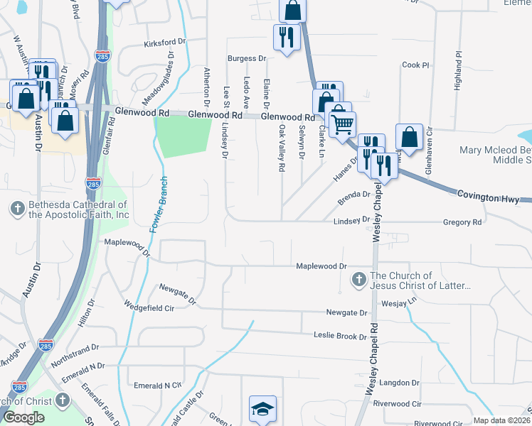map of restaurants, bars, coffee shops, grocery stores, and more near 4128 Lindsey Drive in Decatur