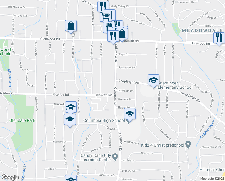 map of restaurants, bars, coffee shops, grocery stores, and more near 1997 Columbia Drive in Decatur