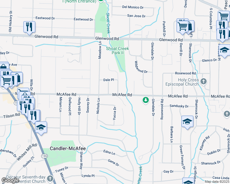 map of restaurants, bars, coffee shops, grocery stores, and more near 2962 McAfee Road in Decatur