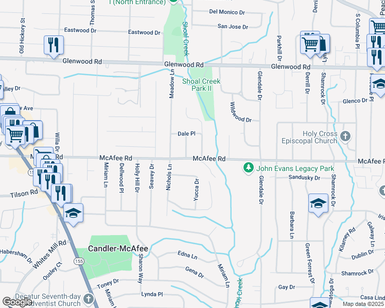 map of restaurants, bars, coffee shops, grocery stores, and more near 2952 McAfee Road in Decatur