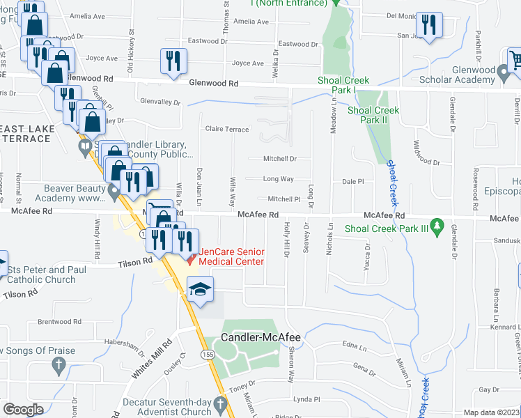 map of restaurants, bars, coffee shops, grocery stores, and more near 2802 McAfee Road in Decatur