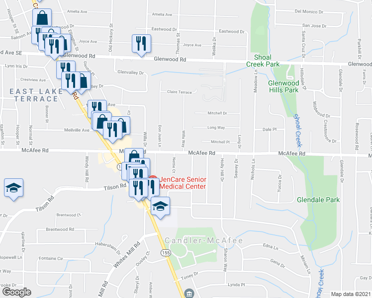 map of restaurants, bars, coffee shops, grocery stores, and more near 2746 McAfee Road in Decatur