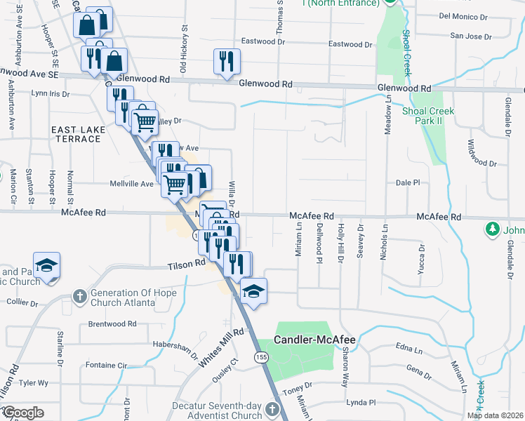map of restaurants, bars, coffee shops, grocery stores, and more near 2722 McAfee Road in Decatur