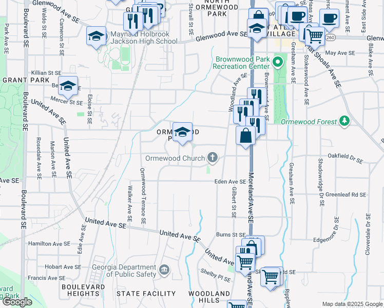map of restaurants, bars, coffee shops, grocery stores, and more near 818 Eastwood Avenue Southeast in Atlanta
