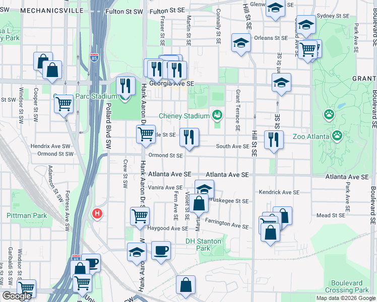 map of restaurants, bars, coffee shops, grocery stores, and more near 828 Martin Street Southeast in Atlanta