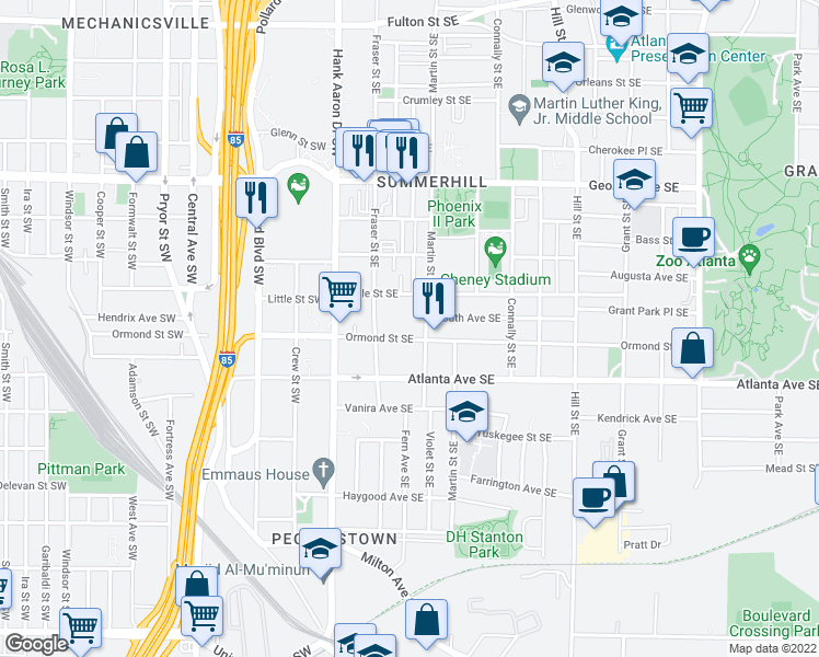 map of restaurants, bars, coffee shops, grocery stores, and more near 92 Ormond Street Southeast in Atlanta