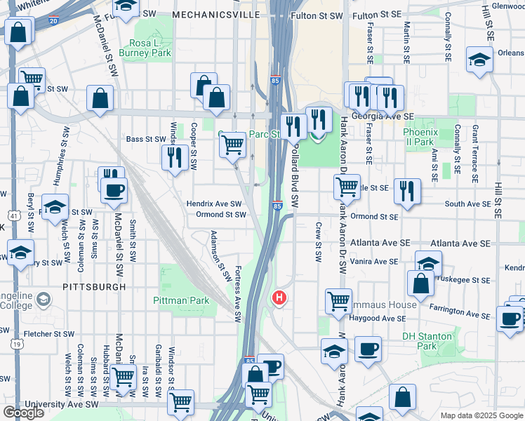map of restaurants, bars, coffee shops, grocery stores, and more near 151 Ormond Street Southwest in Atlanta