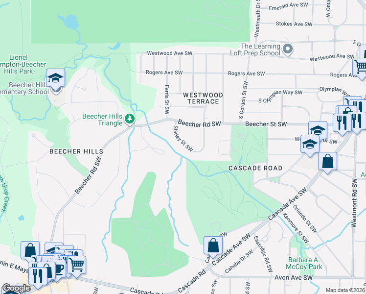 map of restaurants, bars, coffee shops, grocery stores, and more near 2022 Shirley Street Southwest in Atlanta