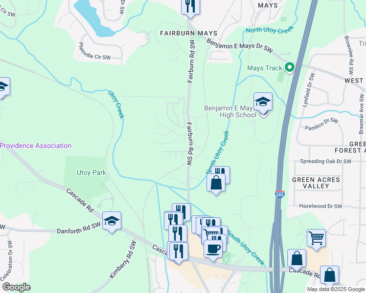 map of restaurants, bars, coffee shops, grocery stores, and more near 3786 Mays Court Southwest in Atlanta