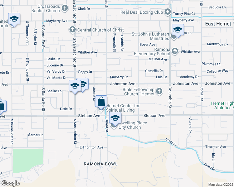 map of restaurants, bars, coffee shops, grocery stores, and more near 40602 Shellie Lane in Hemet